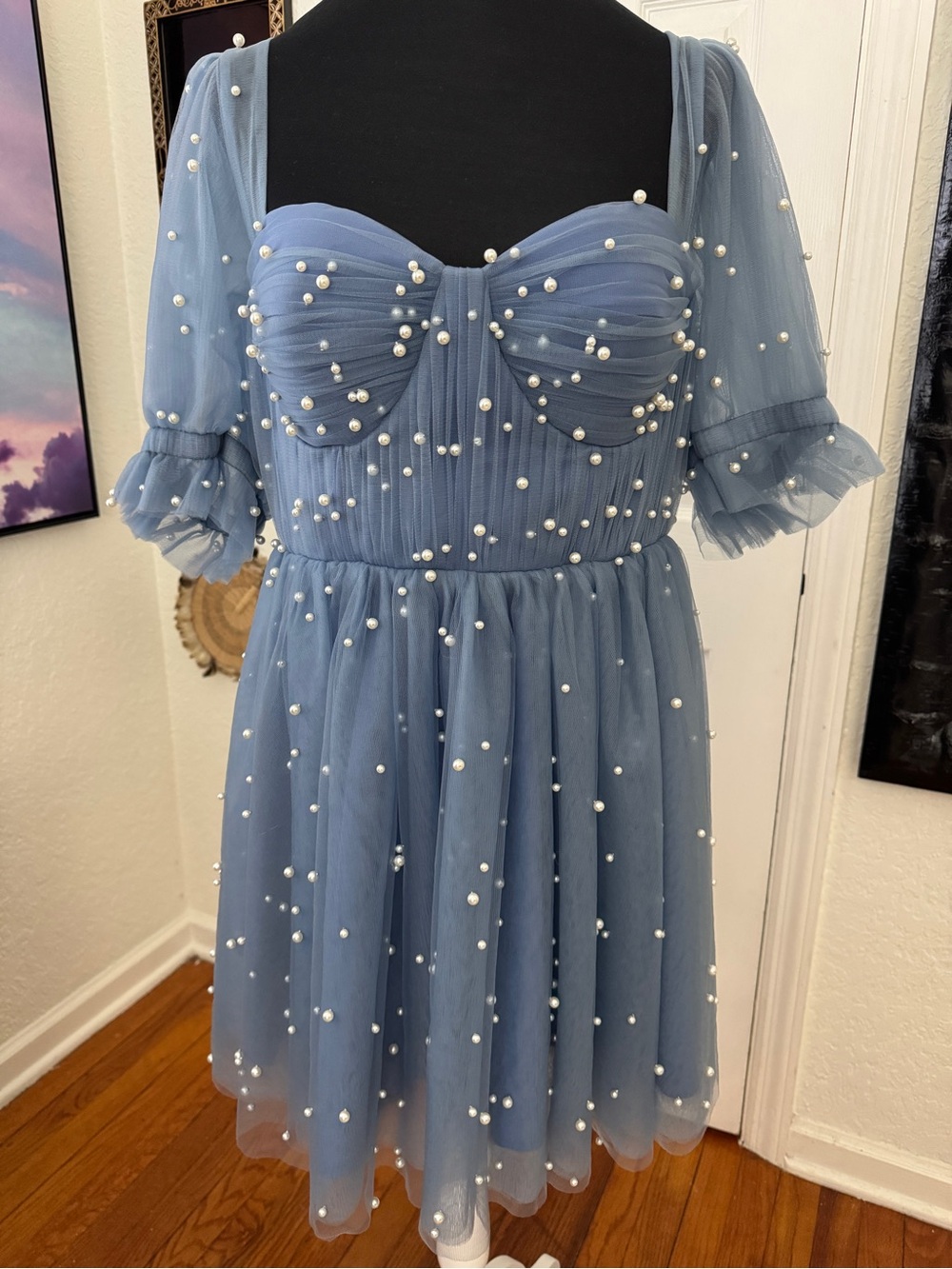 Ava Gowns Pearl Mini Dress Light Blue Tulle Corset Puff Sleeve NWT